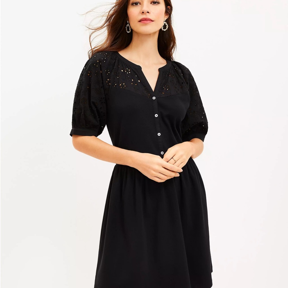Loft Eyelet Button Mixed Media Swing Dress